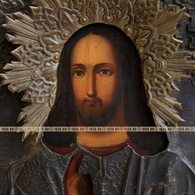 Старинная икона Господа Вседержителя, держащего мир в Своей руке, латунный оклад. Россия XIX век.