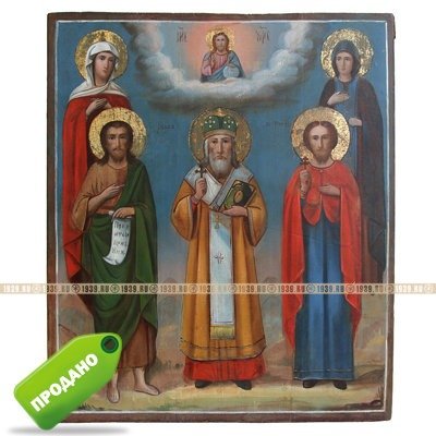 Старинная икона с избранными святыми Николай Чудотворец, Апостол Петр, Иоанн Креститель, святая Мария и Евдокия. Россия, Курская губерния, рубеж XIX-XX века.