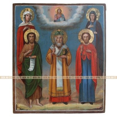 Старинная икона с избранными святыми Николай Чудотворец, Апостол Петр, Иоанн Креститель, святая Мария и Евдокия. Россия, Курская губерния, рубеж XIX-XX века.