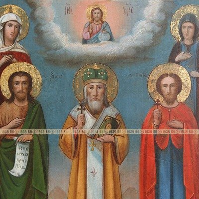 Старинная икона с избранными святыми Николай Чудотворец, Апостол Петр, Иоанн Креститель, святая Мария и Евдокия. Россия, Курская губерния, рубеж XIX-XX века.
