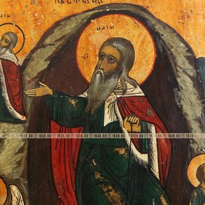 Старинная икона Огненное восхождение святого пророка Ильи на небо со сценами жития. Россия, XIX век.