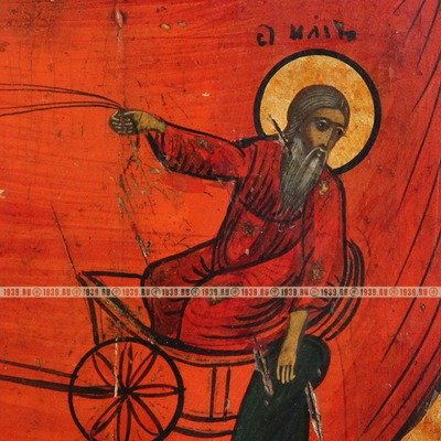 Старинная икона Огненное восхождение святого пророка Ильи на небо со сценами жития. Россия, XIX век.