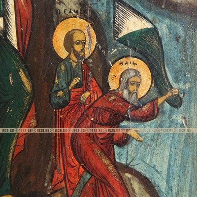 Старинная икона Огненное восхождение святого пророка Ильи на небо со сценами жития. Россия, XIX век.