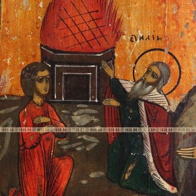 Старинная икона Огненное восхождение святого пророка Ильи на небо со сценами жития. Россия, XIX век.