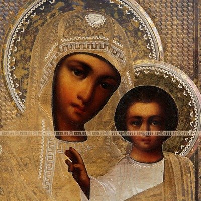 Старинная икона в серебряном окладе Казанская Божья Матерь. Россия, Москва 1896 год.