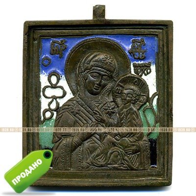Старинная литая икона или образок Тихвинская Икона Божией Матери. Эмаль.