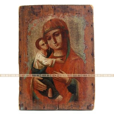 Старинная икона Богородица Владимирская в красных одеждах, заступница и покровительница Москвы. Россия, Курская губерния XIX век.