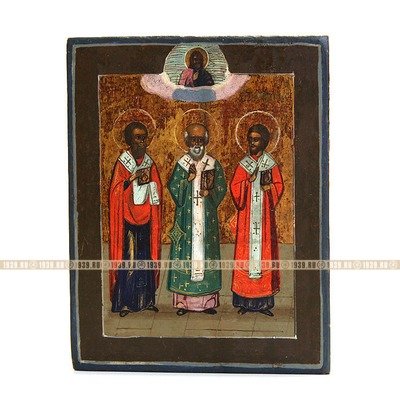 Старинная икона Отцы церкви или Три Святителя: Василий, Григорий и Иоанн. Россия 1870-1900 год