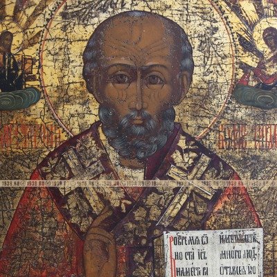 Большая купеческая старинная икона Святой Николай Чудотворец. Россия XIX век.