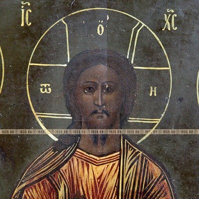 Старинная икона Образ Христа Вседержителя с предстоящими Богоматерью и Иоанном Крестителем (малый Деисус). Россия XIX век. 