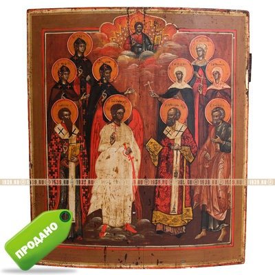 Коллекционная старинная икона святой Ангел Хранитель с избранными святыми. Россия, Гуслицы XIX век.
