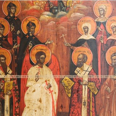 Коллекционная старинная икона святой Ангел Хранитель с избранными святыми. Россия, Гуслицы XIX век.