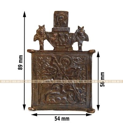 Центральная икона-средник старинного бронзового складня Святой Георгий Победоносец. Россия 1780-1840 год
