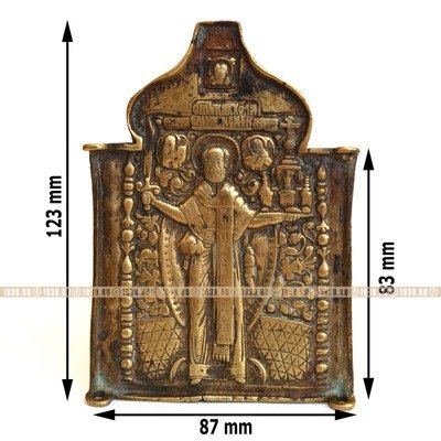 Центральная икона-средник большого старинного бронзового складня Николай Можайский. Россия 1760-1780 год