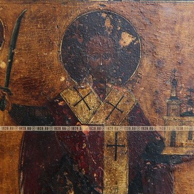 Старинная икона Святой Николай Чудотворец Можайский с избранными святыми на полях. Россия XIX век