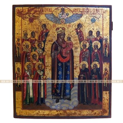 Старинная икона Богоматерь Всех Скорбящих Радости с избранными святыми. Россия, Новозыбков XIX век