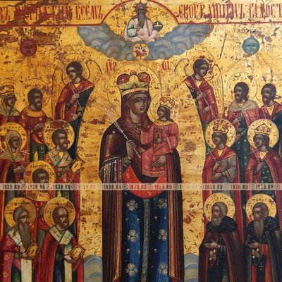 Старинная икона Богоматерь Всех Скорбящих Радости с избранными святыми. Россия, Новозыбков XIX век