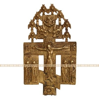 Старинный бронзовый крест Распятие Христово с предстоящими святыми и херувимами. Русское медное литье XVIII век.