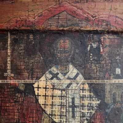 Древняя русская икона Святой Николай Можайский, двойной ковчег. Россия XVII-XIX век.