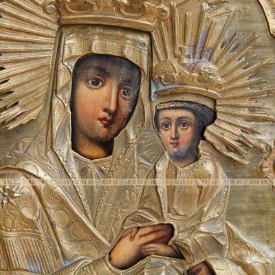 Старинная икона Богородица Споручница грешных в барочном окладе. Россия XIX век.