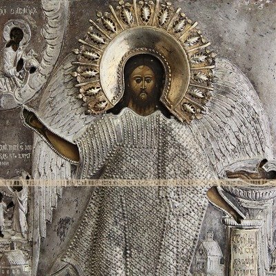 Старинная икона в посеребренном окладе Иоанн Предтеча – Ангел пустыни.  Россия, начало XIX века.