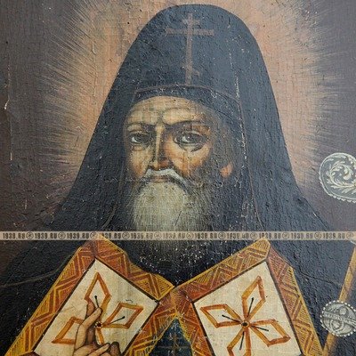 Старинная икона Святой Митрофан Воронежский Чудотворец в молении Богородице Смоленской. Россия XIX век.