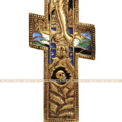 Старинный крест из бронзы, Распятие Христово для домашнего моления 20 см, 6 цветов эмали. Россия XIX век.
