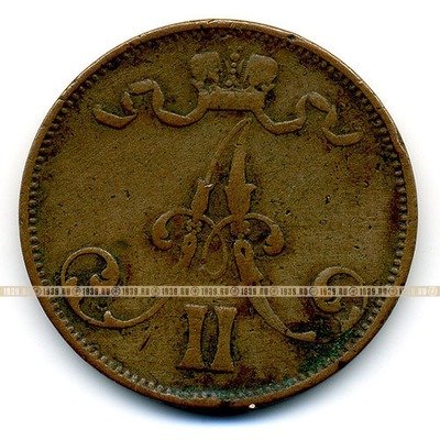 Старинная русская медная монета 5 PENNI 1875 Г РУССКАЯ ФИНЛЯНДИЯ.