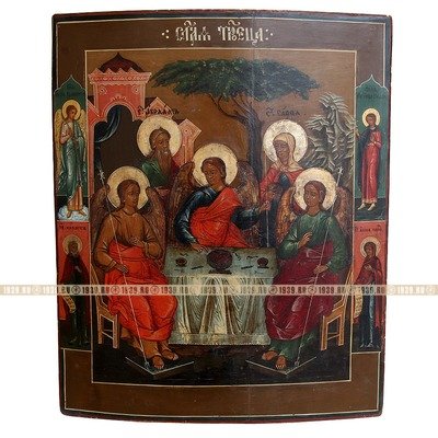 Старинная икона Святая Троица с Саррой и Авраамом и приписными святыми и Ангелом–хранителем на полях. Россия, Поволжье, XIX  век.