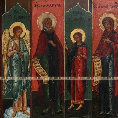 Старинная икона Святая Троица с Саррой и Авраамом и приписными святыми и Ангелом–хранителем на полях. Россия, Поволжье, XIX  век.