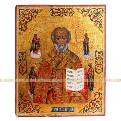 Старинная икона Святой Николай Чудотворец «праздничный» с избранными святыми и деисусом. Россия, Палех конец XIX века.