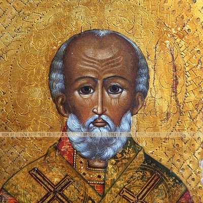 Старинная икона Святой Николай Чудотворец «праздничный» с избранными святыми и деисусом. Россия, Палех конец XIX века.