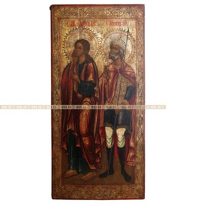 Старинная деревянная икона святой апостол Иоанн Богослов и святой мученик Лонгин сотник. Россия, XIX век.