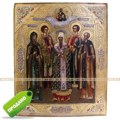 Старинная икона на золоте Избранные святые: Георгий, Мина, Алексий, Вонифатий и Мина. Россия, Мстера XIX век.