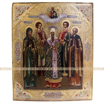 Старинная икона на золоте Избранные святые: Георгий, Мина, Алексий, Вонифатий и Мина. Россия, Мстера XIX век.