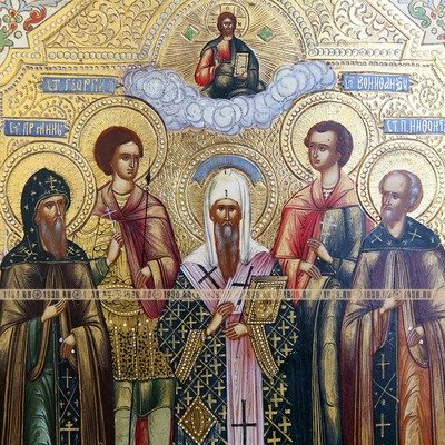 Старинная икона на золоте Избранные святые: Георгий, Мина, Алексий, Вонифатий и Мина. Россия, Мстера XIX век.