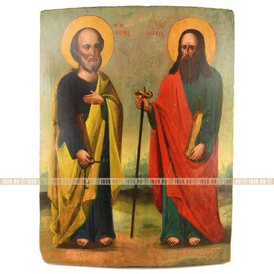 Старинная деревянная икона Апостолы Петр и Павел. Россия, XIX век.