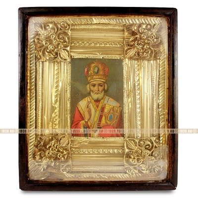 Старинная деревянная икона святой Николай Чудотворец Зимний в оригинальном киоте. Россия, XIX век.