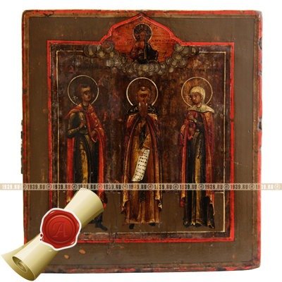 Небольшая старинная икона Святая Параскева, Святой Вонифатий и Святой Преподобный Иоанн Лествичник. Россия, Поволжье XIX век.