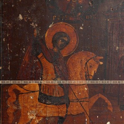Старинная народная икона Святой Георгий Победоносец побивающий Змия. Россия XIX век