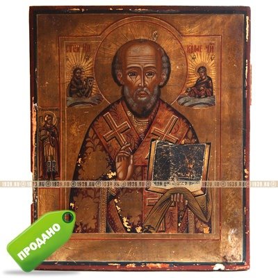 Старинная деревянная икона Николай Чудотворец с приписным Архангелом Михаилом. Россия, Новозыбков XIX век.