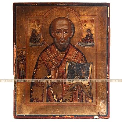 Старинная деревянная икона Николай Чудотворец с приписным Архангелом Михаилом. Россия, Новозыбков XIX век.