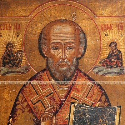 Старинная деревянная икона Николай Чудотворец с приписным Архангелом Михаилом. Россия, Новозыбков XIX век.