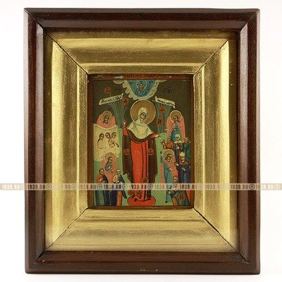 Старинная икона Богородицы «Всех Скорбящих Радость» с грошиками в оригинальном киоте. Россия, Санкт-Петербург, XIX век.