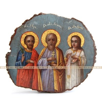 Старинная икона защитница семьи и дома. Святые хранители семейного счастья Гурий, Самон и Авив. Святая Земля, Иерусалим, 1880-1900 год