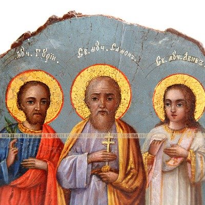 Старинная икона защитница семьи и дома. Святые хранители семейного счастья Гурий, Самон и Авив. Святая Земля, Иерусалим, 1880-1900 год