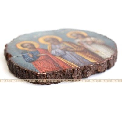 Старинная икона защитница семьи и дома. Святые хранители семейного счастья Гурий, Самон и Авив. Святая Земля, Иерусалим, 1880-1900 год