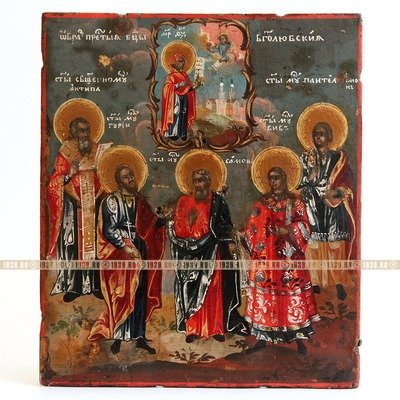 Старинная икона Богоматерь Боголюбская Заступница с избранными святыми целителями и покровителями семьи и дома. Россия, Суздаль XVIII век.