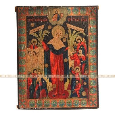 Старинная печатная икона с изображением Божьей Матери 