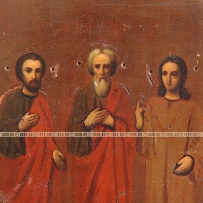 Старинная икона «небесные покровители семьи и брака» святые Гурий, Самон и Авив. Россия, Киев рубеж XIX-XX века.